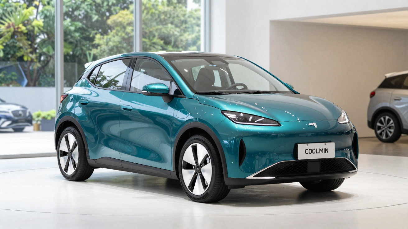 Teal blue compact electric hatchback car displayed indoors on a white rotating platform.