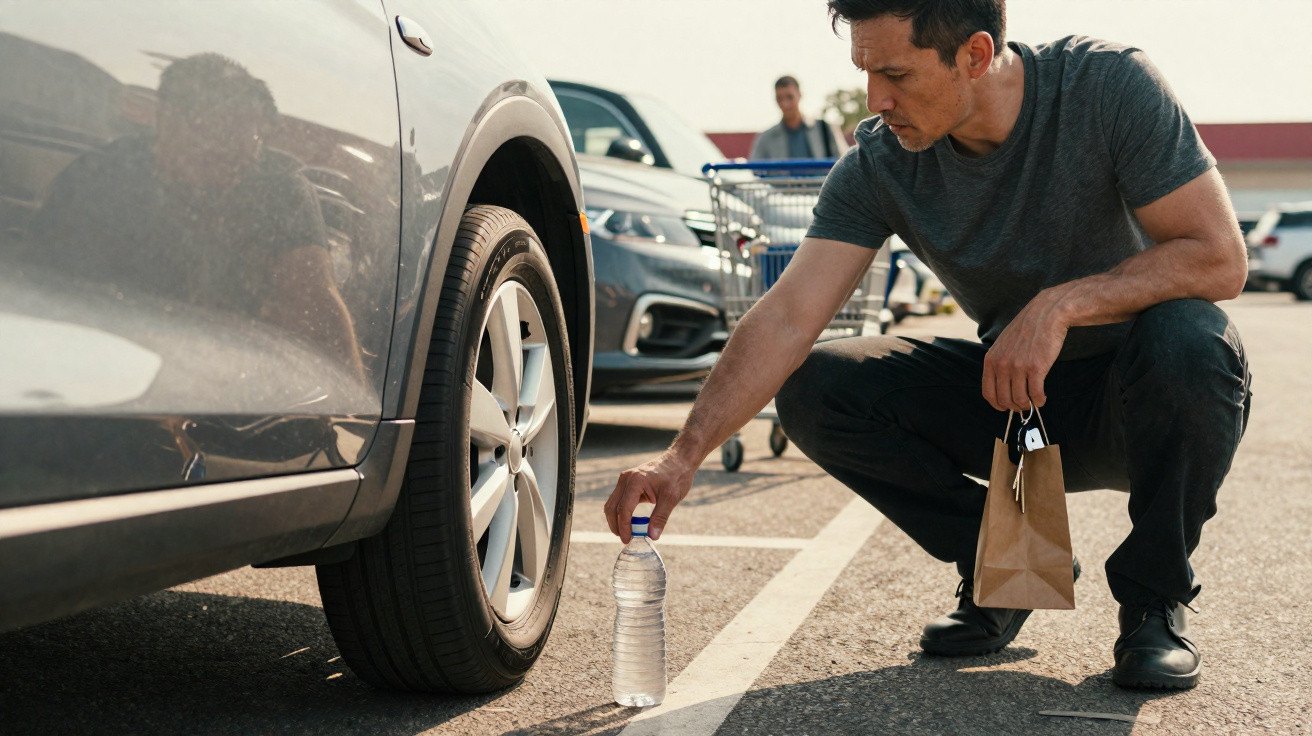 Man crouching to pick up a plastic water bottle beside a parked car in a busy outdoor parking lot.