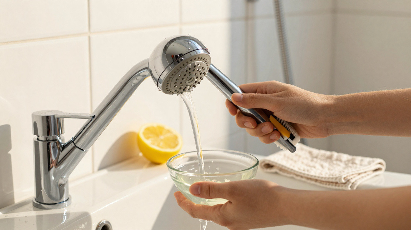 Hand holding a detachable showerhead over a glass bowl, water flowing into the bowl above a sink with a lemon slice.