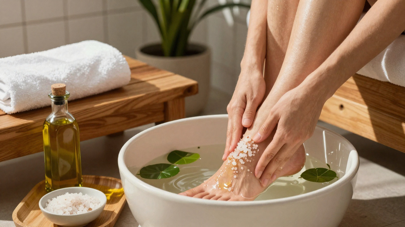 Person soaking feet in a bowl with water and leaves, applying bath salt for a relaxing foot care treatment.