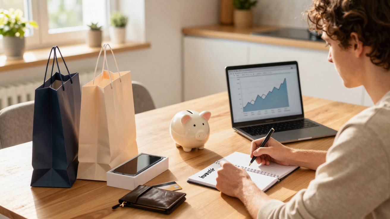 Person writing in a notebook labelled "Investir" with a laptop showing a rising graph, piggy bank, shopping bags, and wallet 