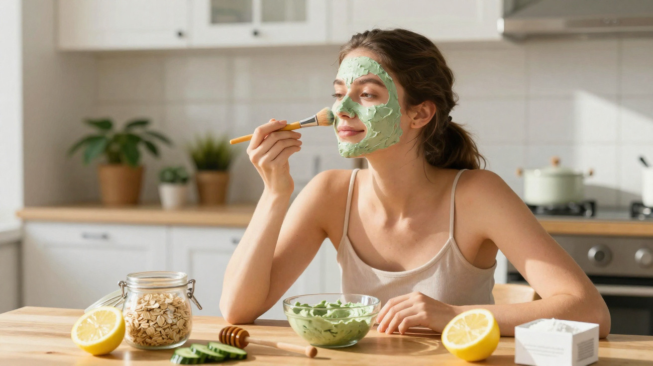 Young woman applying green face mask in bright kitchen with natural ingredients on table.
