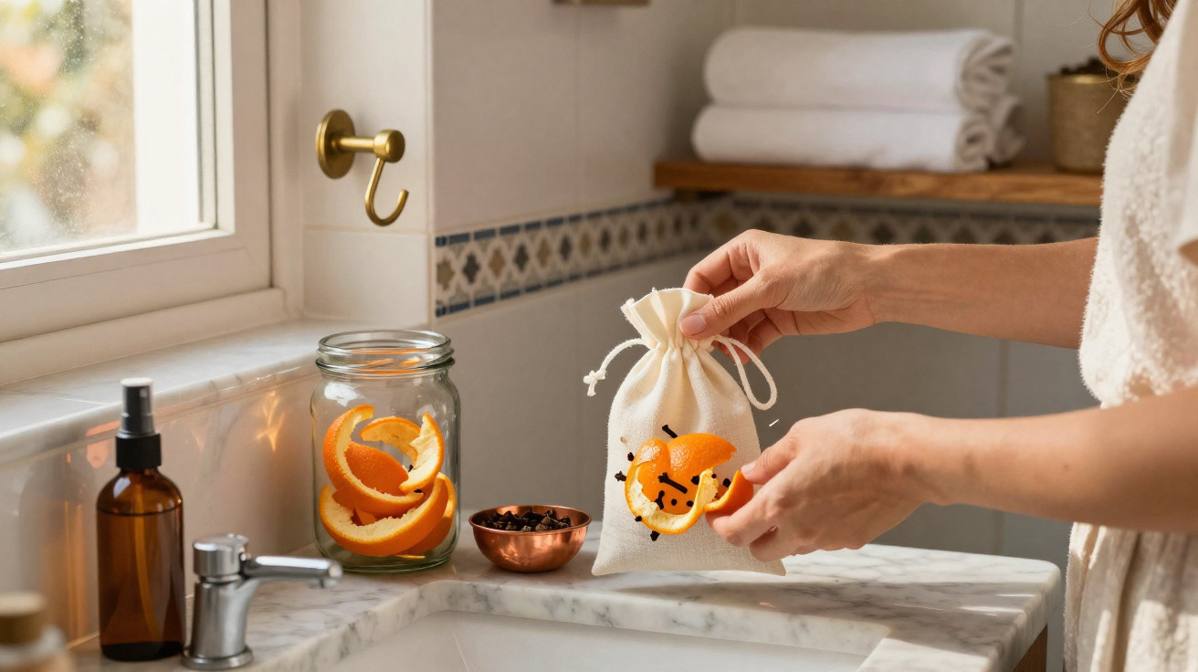 Hands placing orange peels and cloves into a small fabric bag on a bathroom counter near a sink and window.