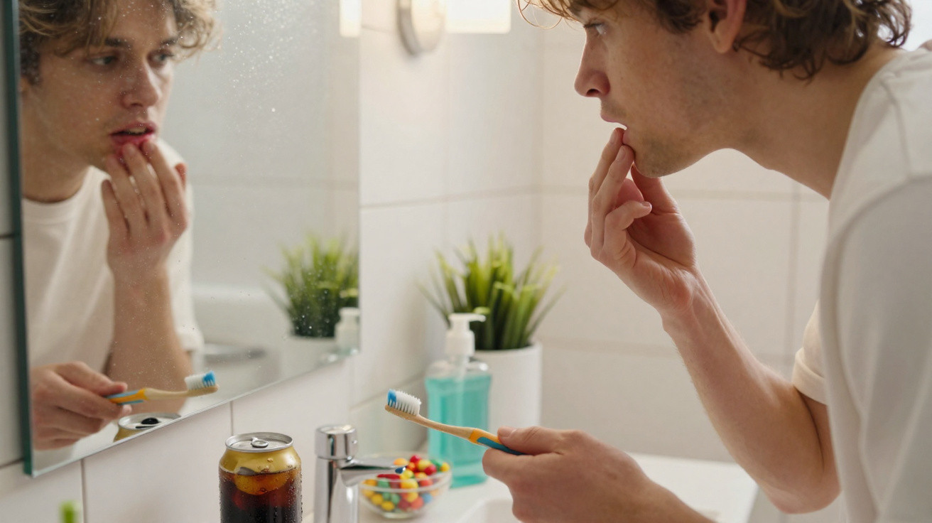 Young man examining his lip in bathroom mirror while holding a toothbrush and can of soda nearby