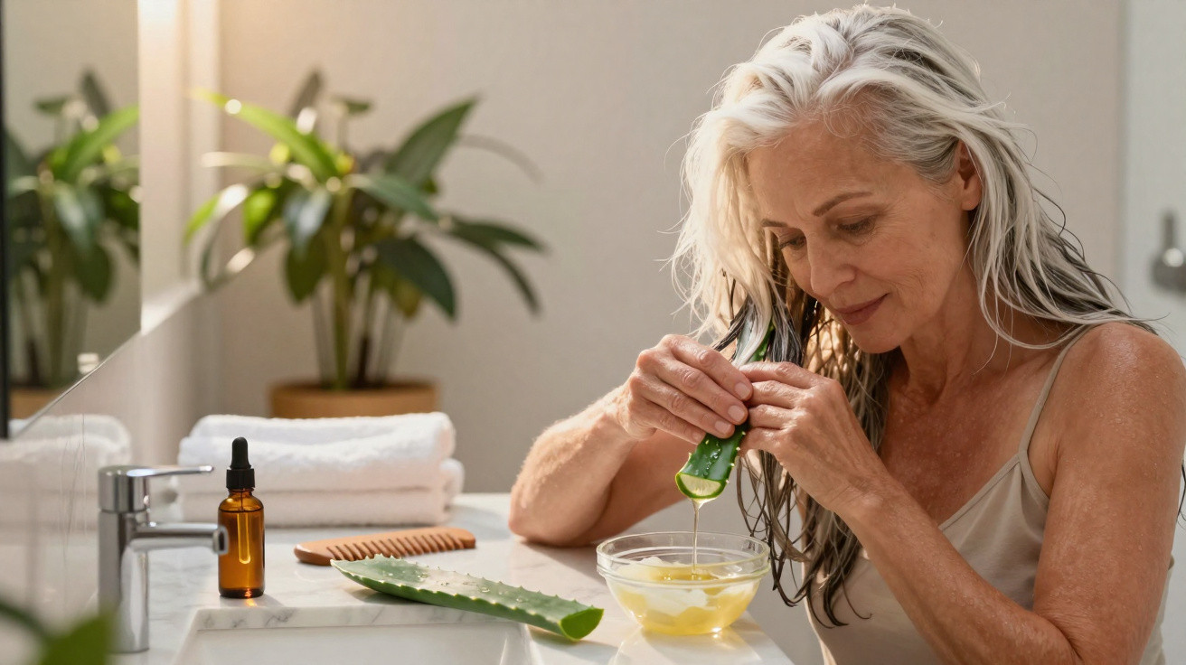 Middle-aged woman squeezing gel from aloe vera leaf into bowl in bathroom setting