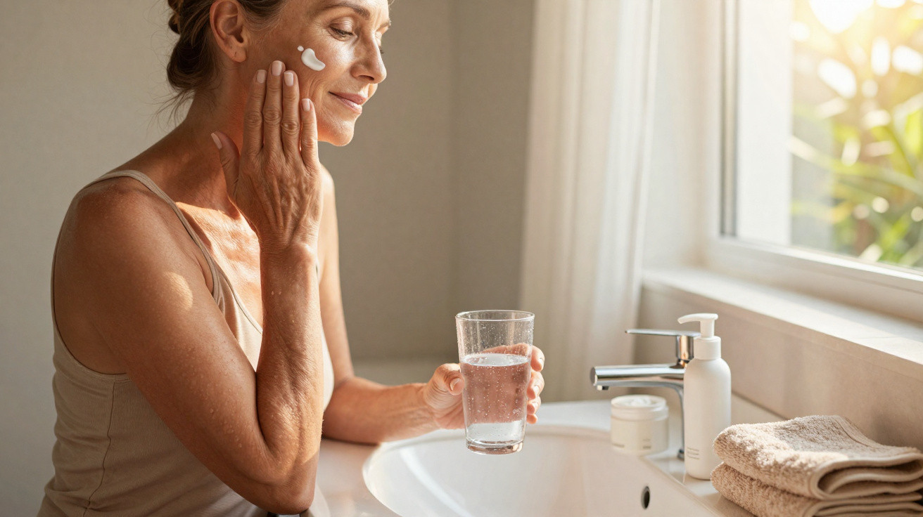 Mature woman applying moisturiser to her face in a bright bathroom, holding a glass of water by the sink.