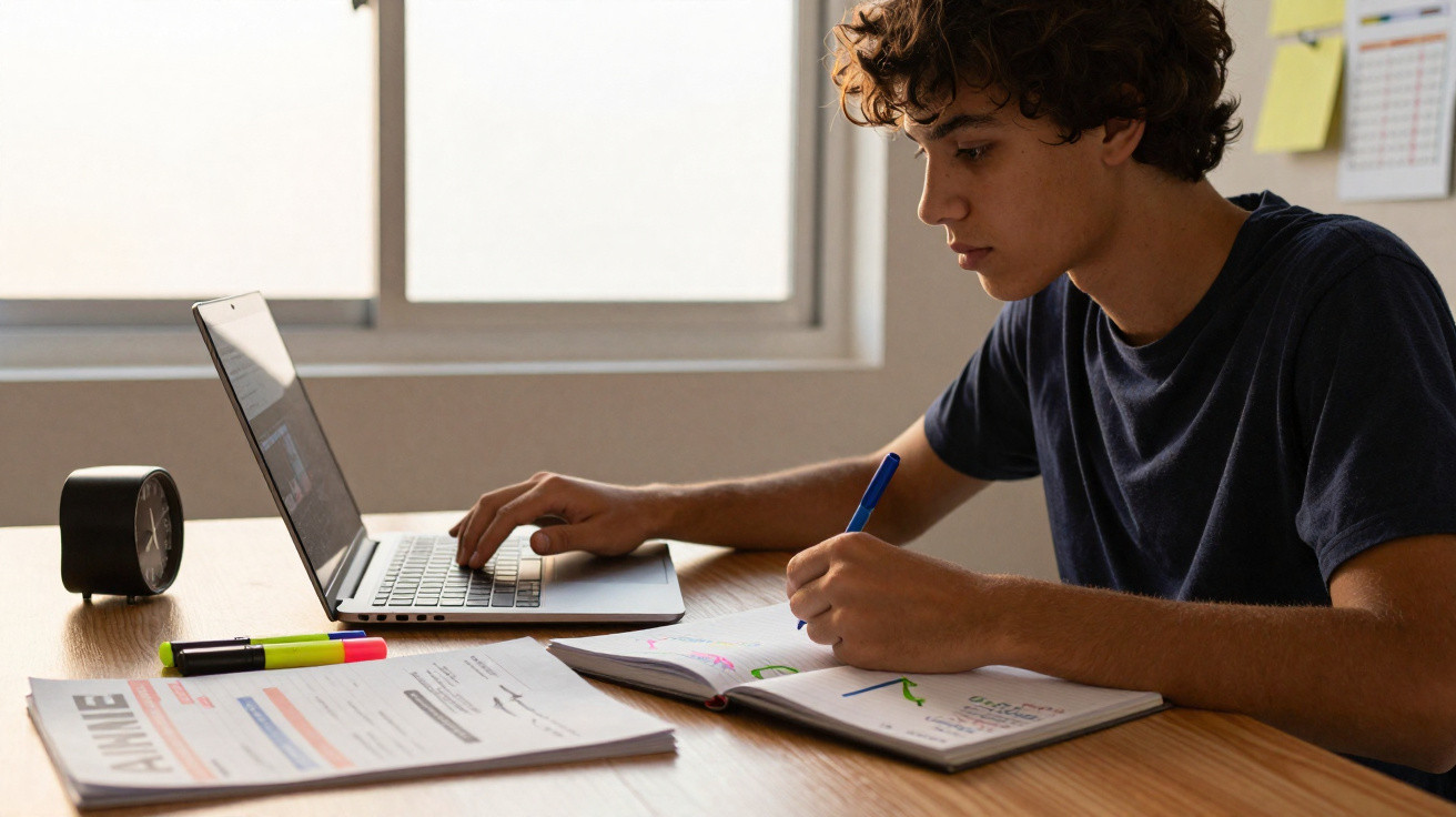 Young person studying at a desk with a laptop, notebook, and documents in a sunlit room.