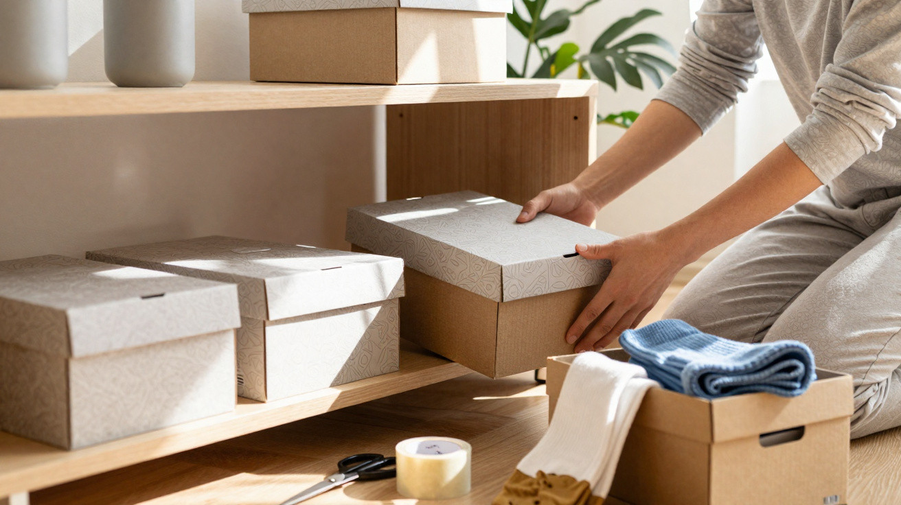 Person organising patterned cardboard storage boxes on wooden shelf with packing tape and scissors nearby.