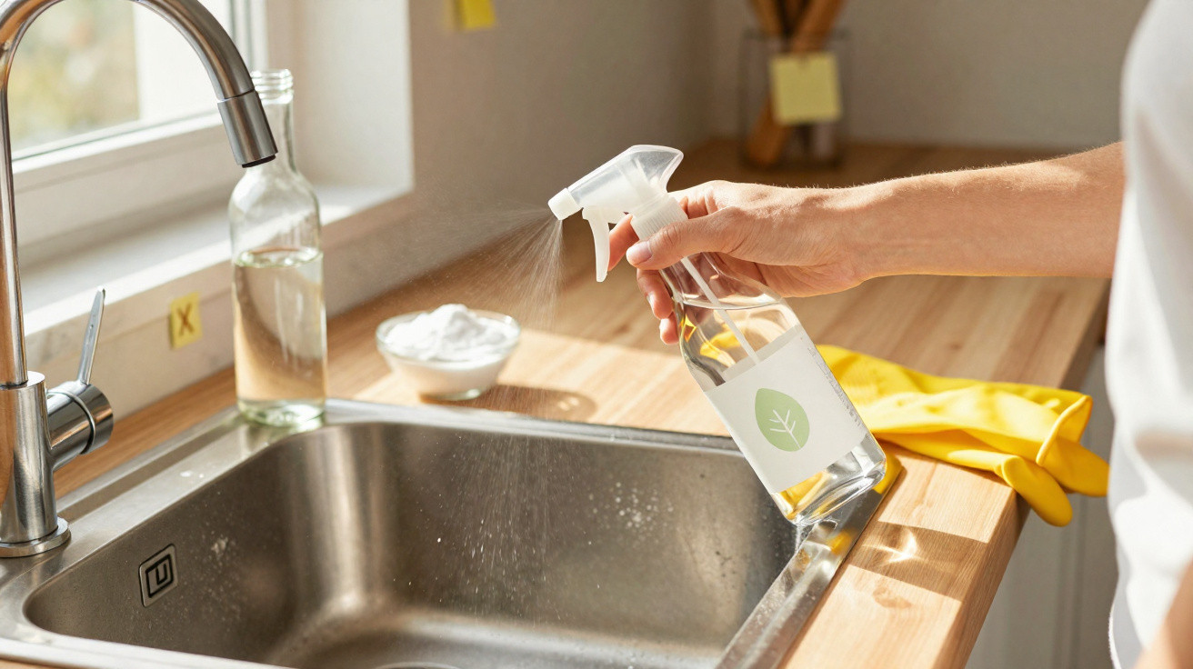 Hand spraying natural cleaning solution into a stainless steel kitchen sink by a wooden countertop.