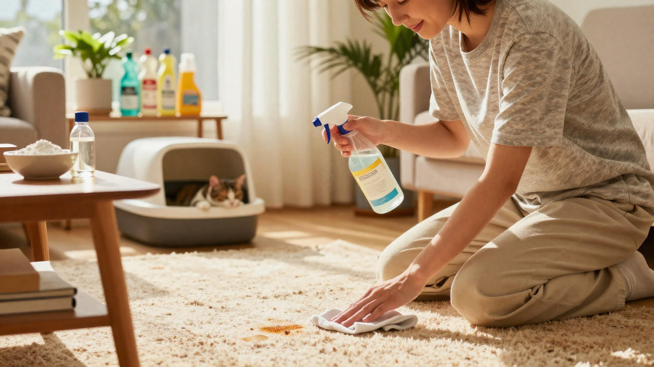 Person spraying cleaning solution and wiping a stain on a beige carpet in a sunny living room.