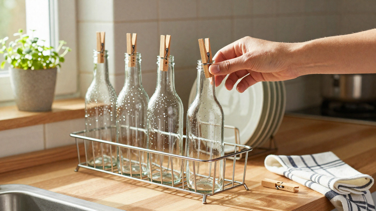 Hand placing a clothespin on a drying glass bottle in a metal rack on a kitchen countertop.