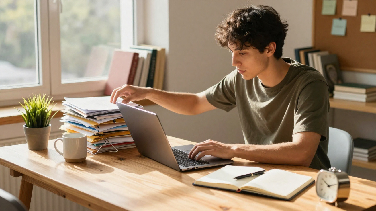 Young man working on a laptop at a wooden desk with papers, a notebook, clock, mug, and potted plant.
