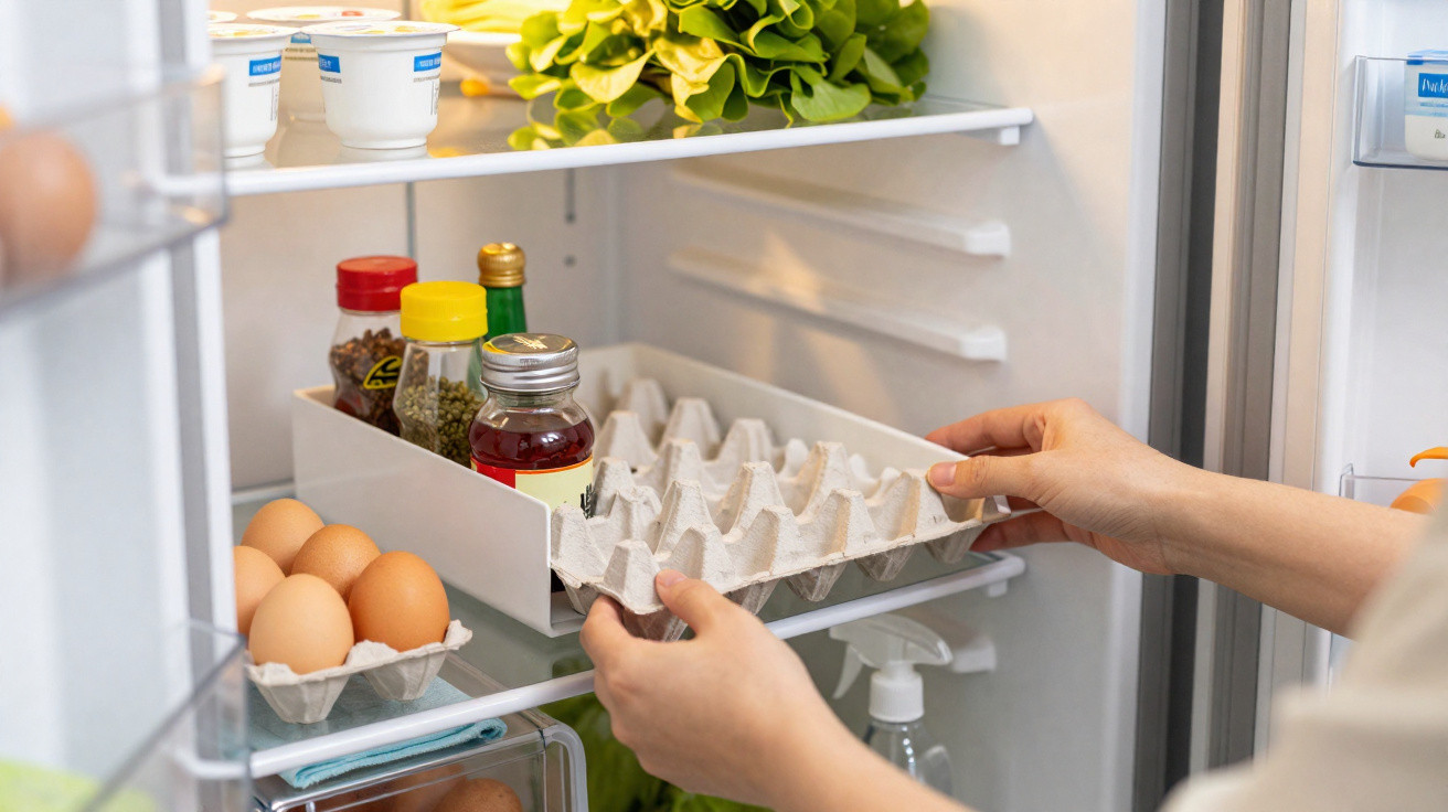 Hands placing an empty egg tray into a fridge with eggs, condiments, and vegetables inside.