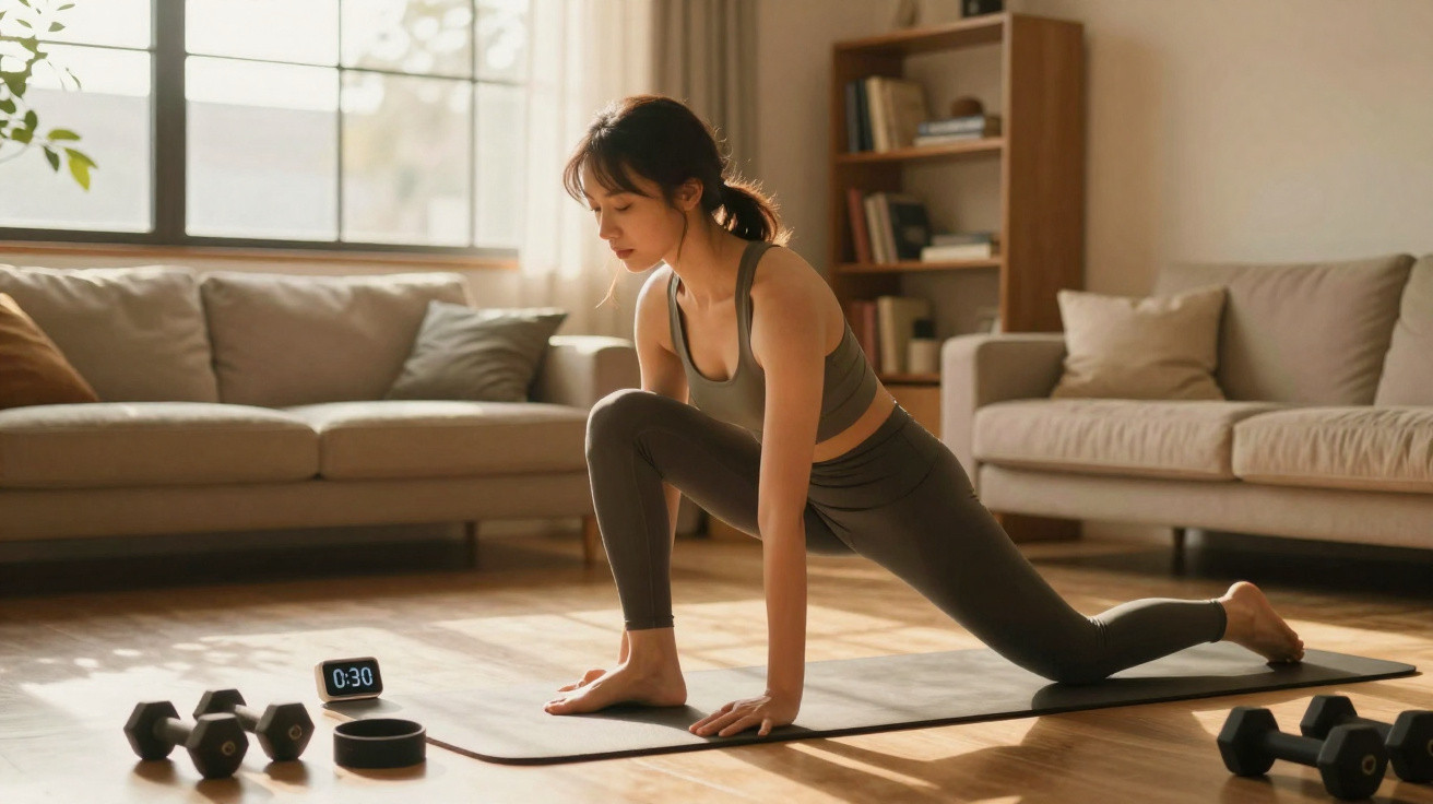 Young woman in workout attire stretching on a yoga mat in a sunlit living room with dumbbells nearby.