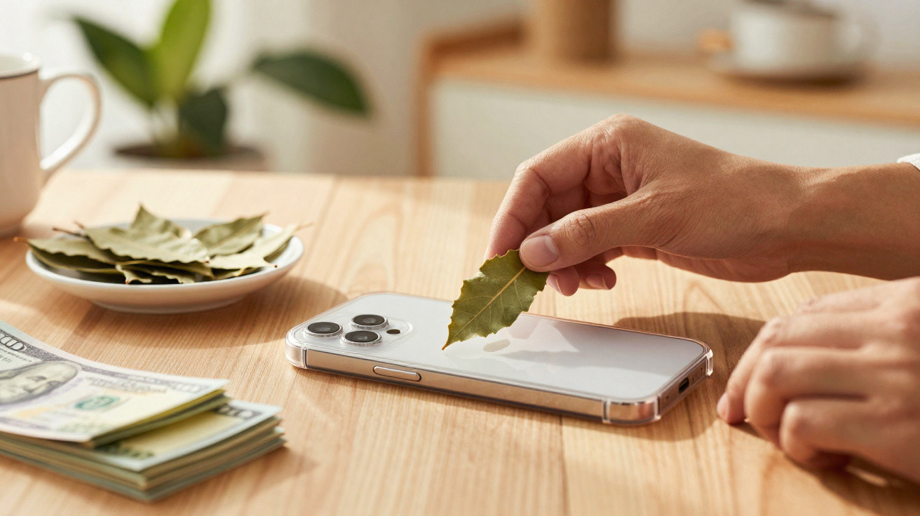 Hand placing a dried bay leaf on a smartphone on a wooden table with a plate of bay leaves and a stack of dollar bills nearby