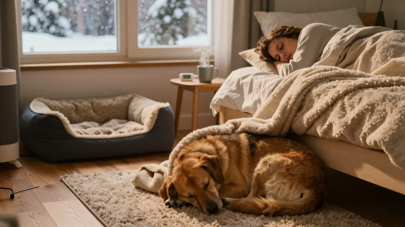 Woman sleeping in bed with a dog curled up sleeping on a rug in a cosy bedroom with a snowy window view.