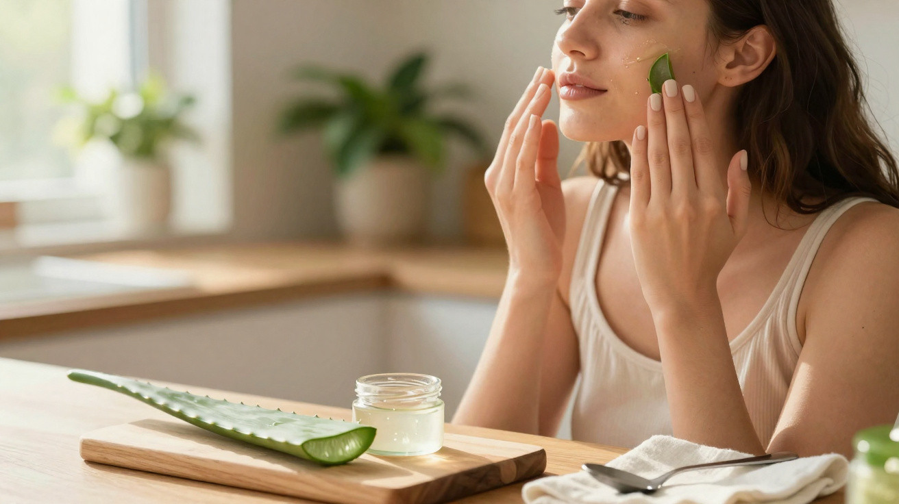 Woman applying aloe vera gel on her face in a bright kitchen with aloe leaf and jar on table.