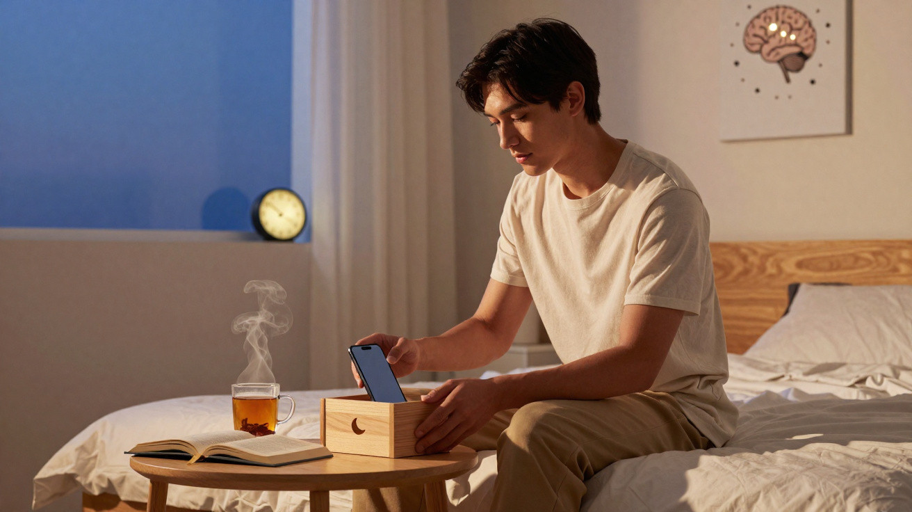 Man sitting on bed at night placing phone into a wooden box on a small table with tea and an open book.