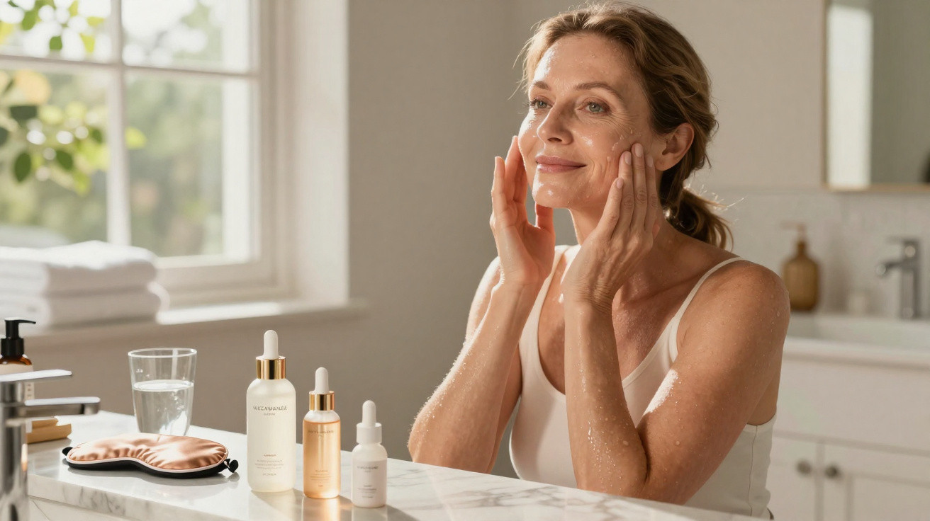 Middle-aged woman applying skincare serum on her face in a bright bathroom with products on the counter.