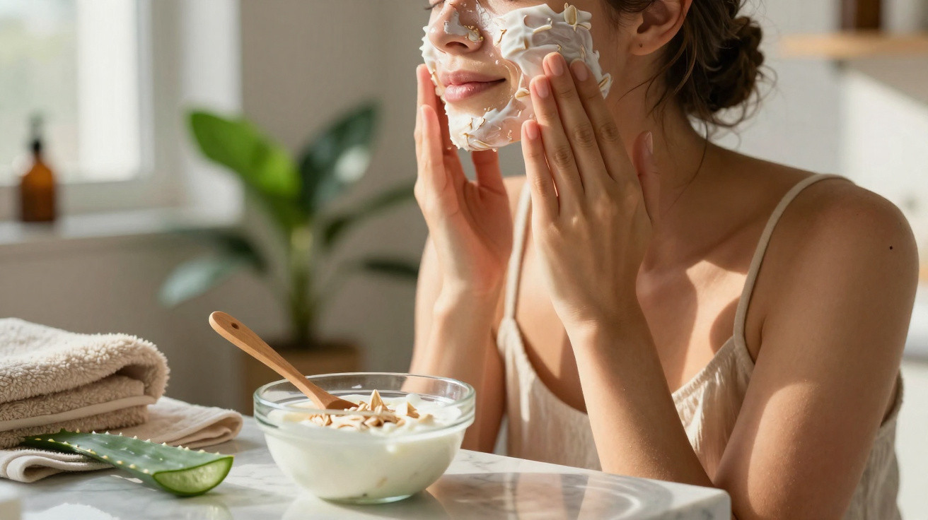 Woman applying a creamy face mask with almond slices, sitting at a table with aloe vera and towels nearby.