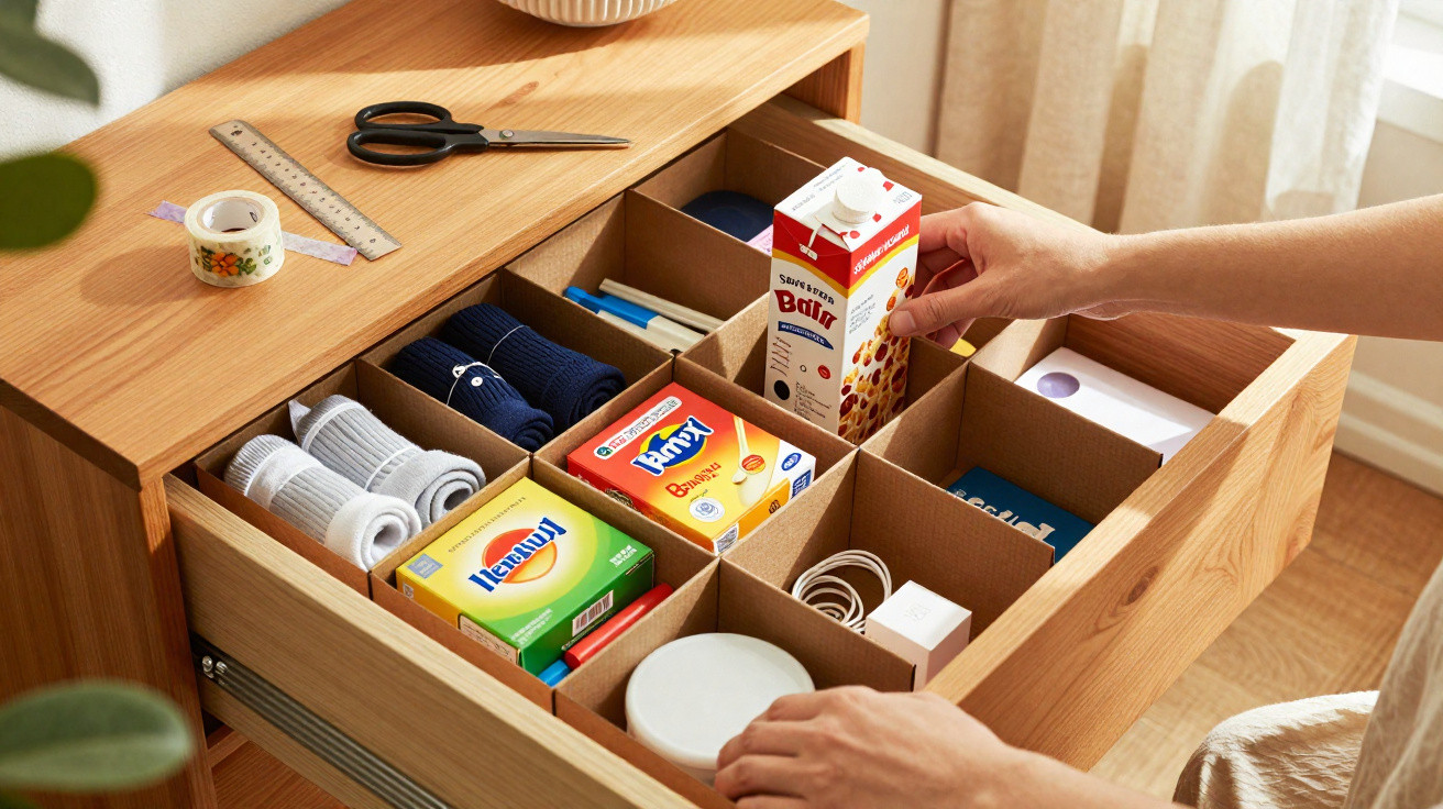 Open wooden drawer with compartments holding socks, packaged snacks, charger, and stationery; hands arranging items.