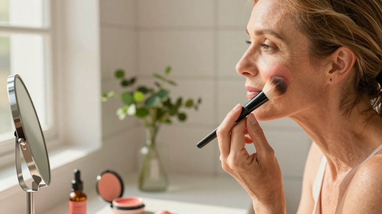 Middle-aged woman applying blush with makeup brush in front of mirror by a window with soft natural light.