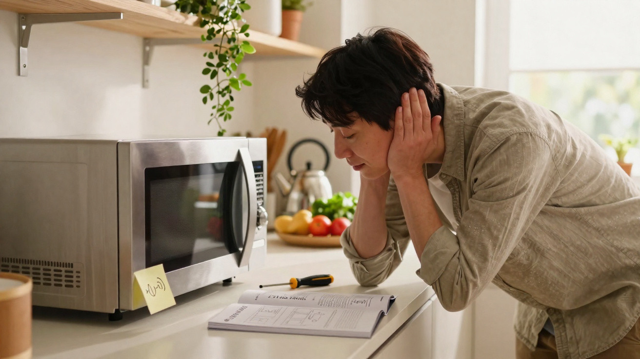 Person reading microwave instructions in a kitchen with a microwave and utensils in the background.