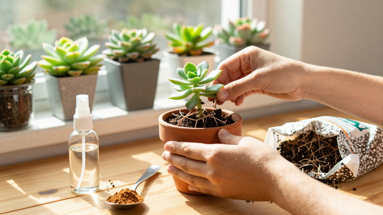 Hands repotting a small succulent plant indoors on a wooden table near potted succulents on a windowsill.