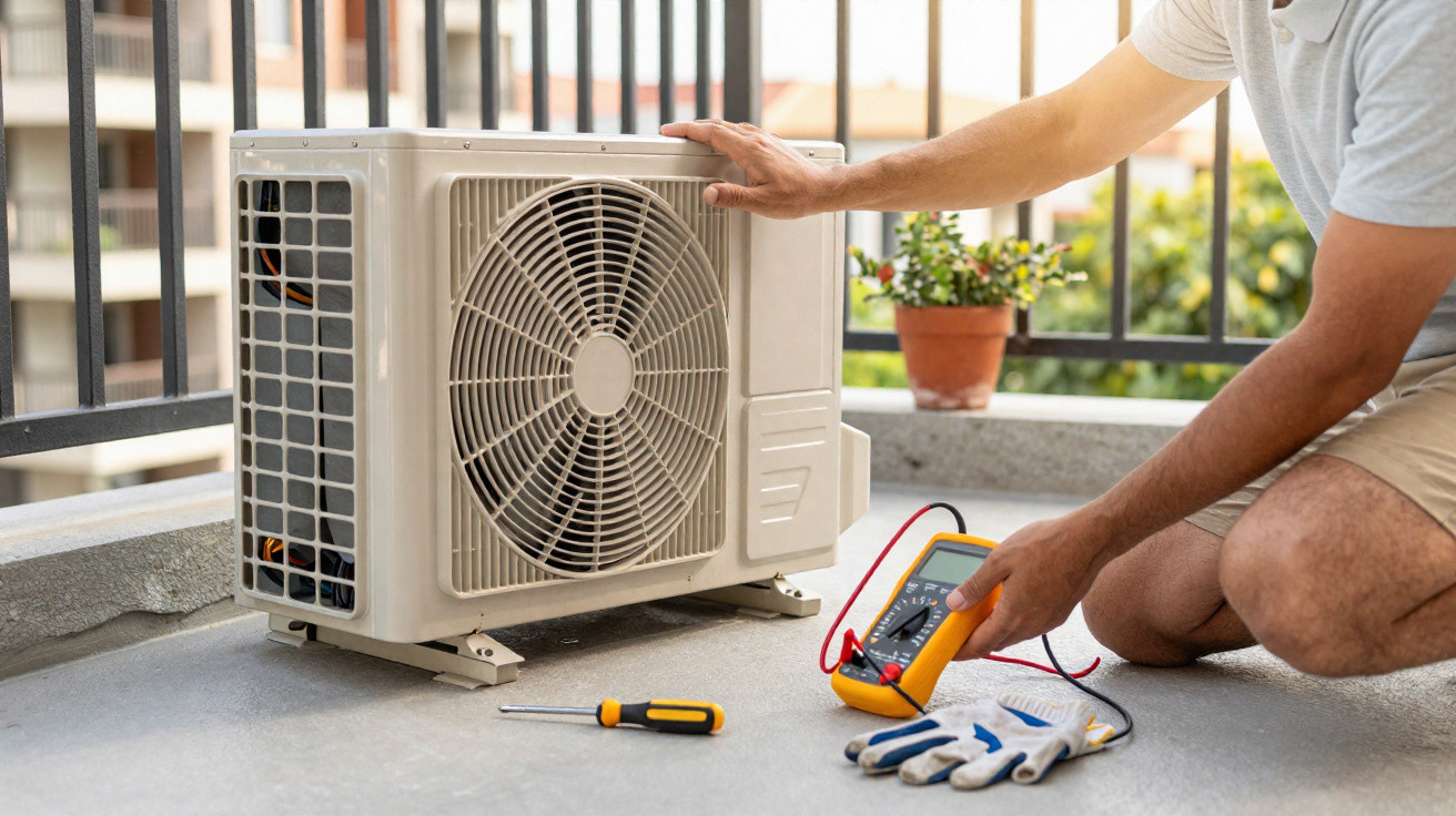 Technician using a multimeter to check an outdoor air conditioning unit on a balcony.