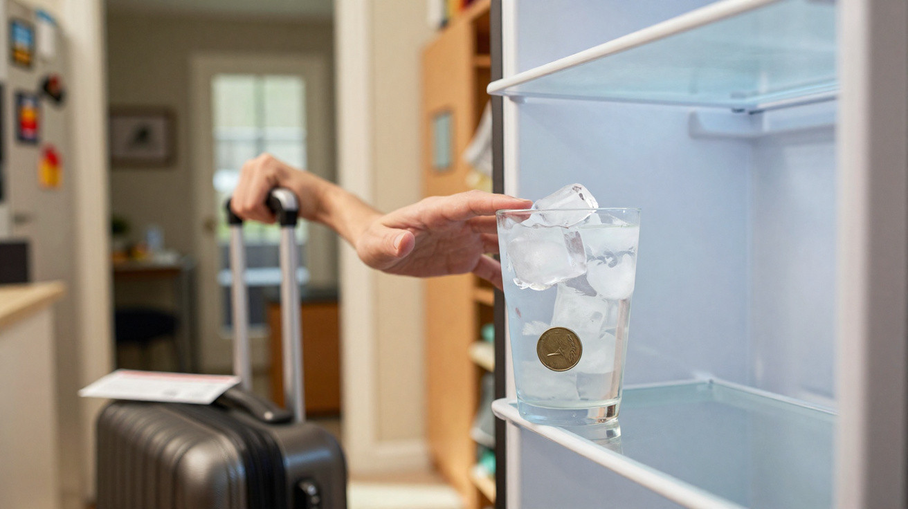 Hand reaching for a glass of ice water with a coin inside on a fridge shelf, suitcase nearby.