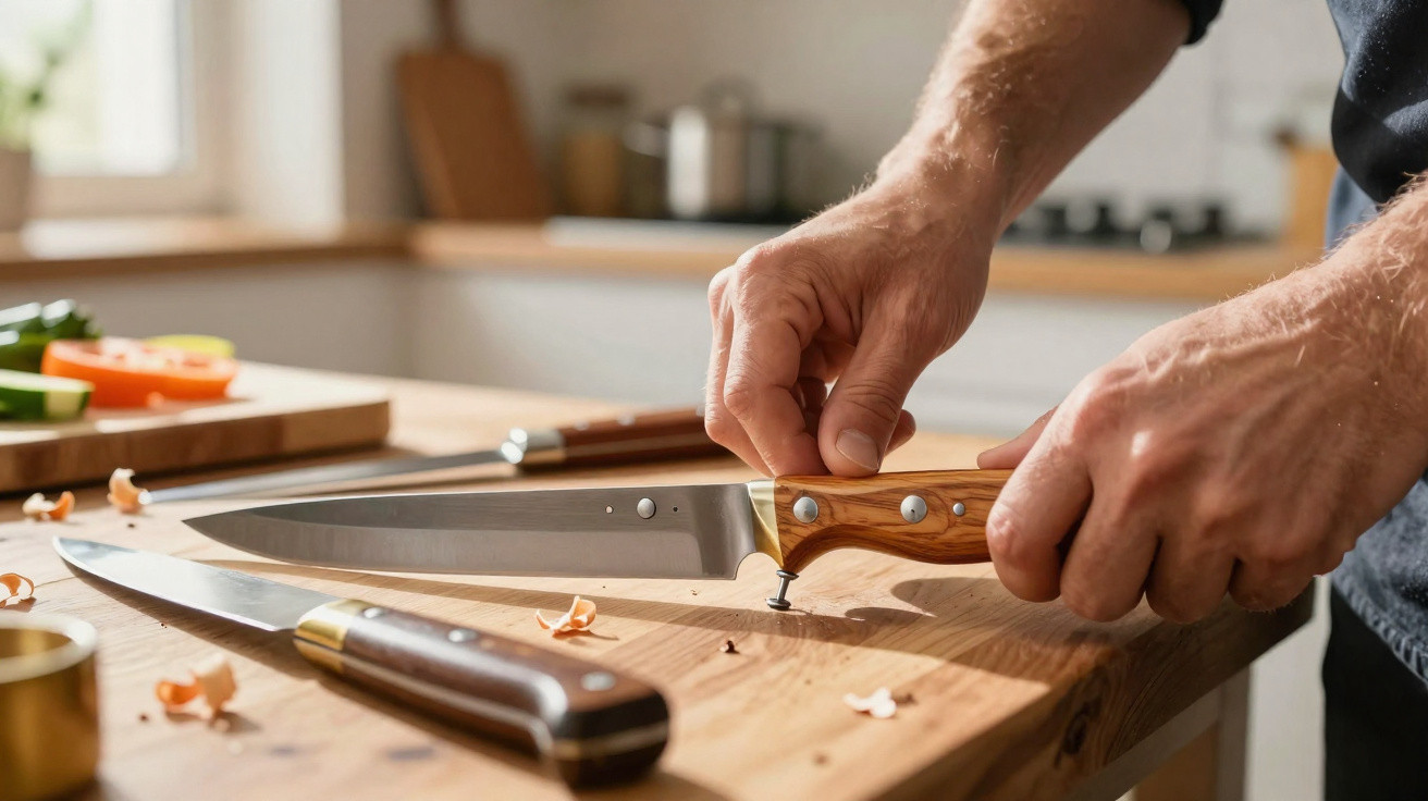 Person repairing a wooden-handled kitchen knife on a wooden countertop with another knife nearby.