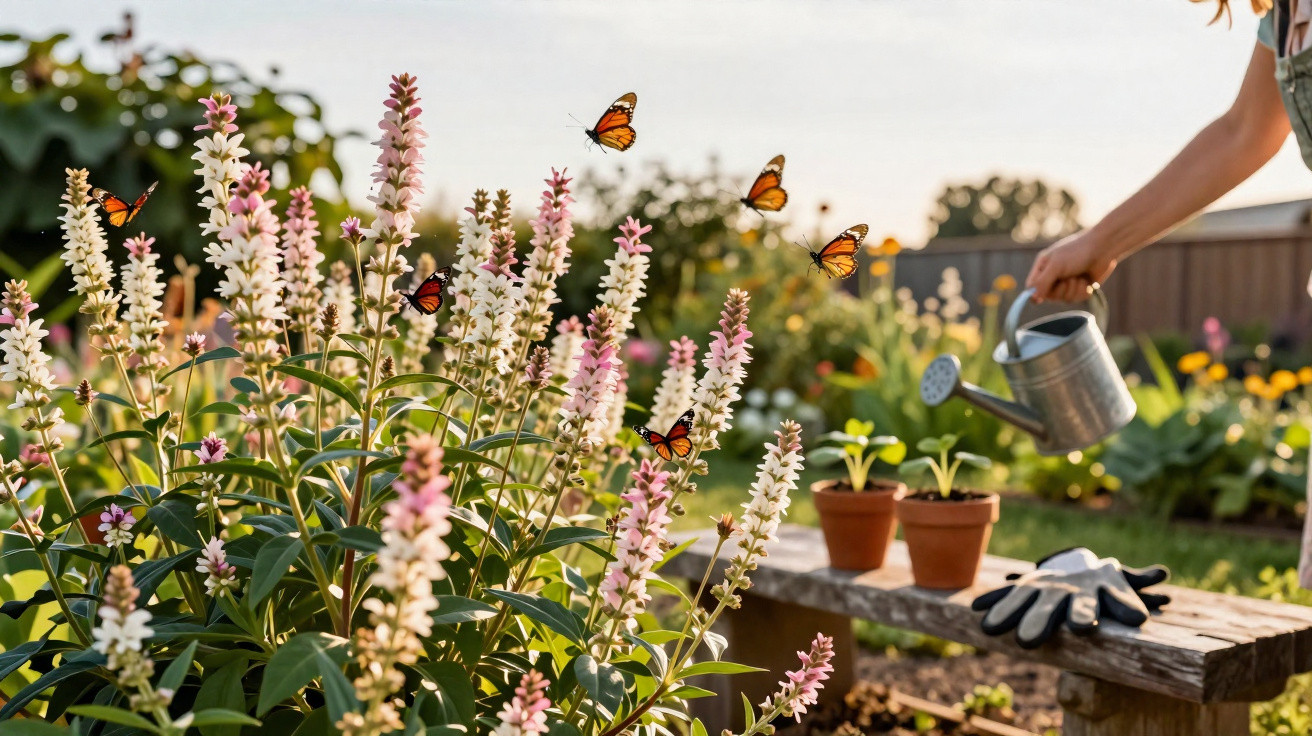 Person watering plants in a garden with pink flowers and several orange butterflies flying nearby.