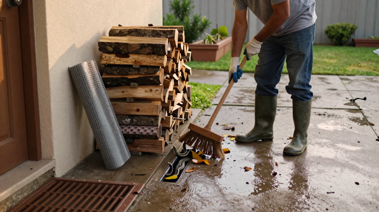 Person wearing gloves and boots sweeping wet patio near stacked firewood and garden fence