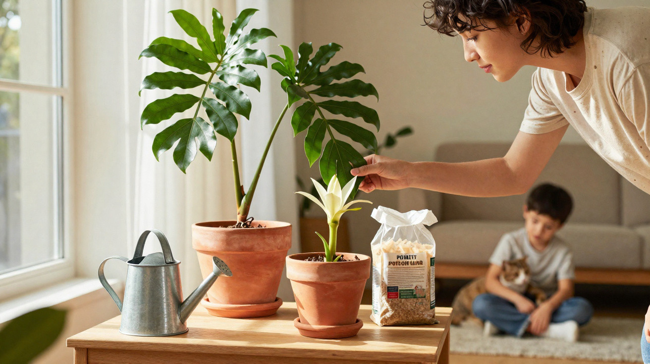 Woman tending to potted plants on a table near a window, with a child and cat in the background.