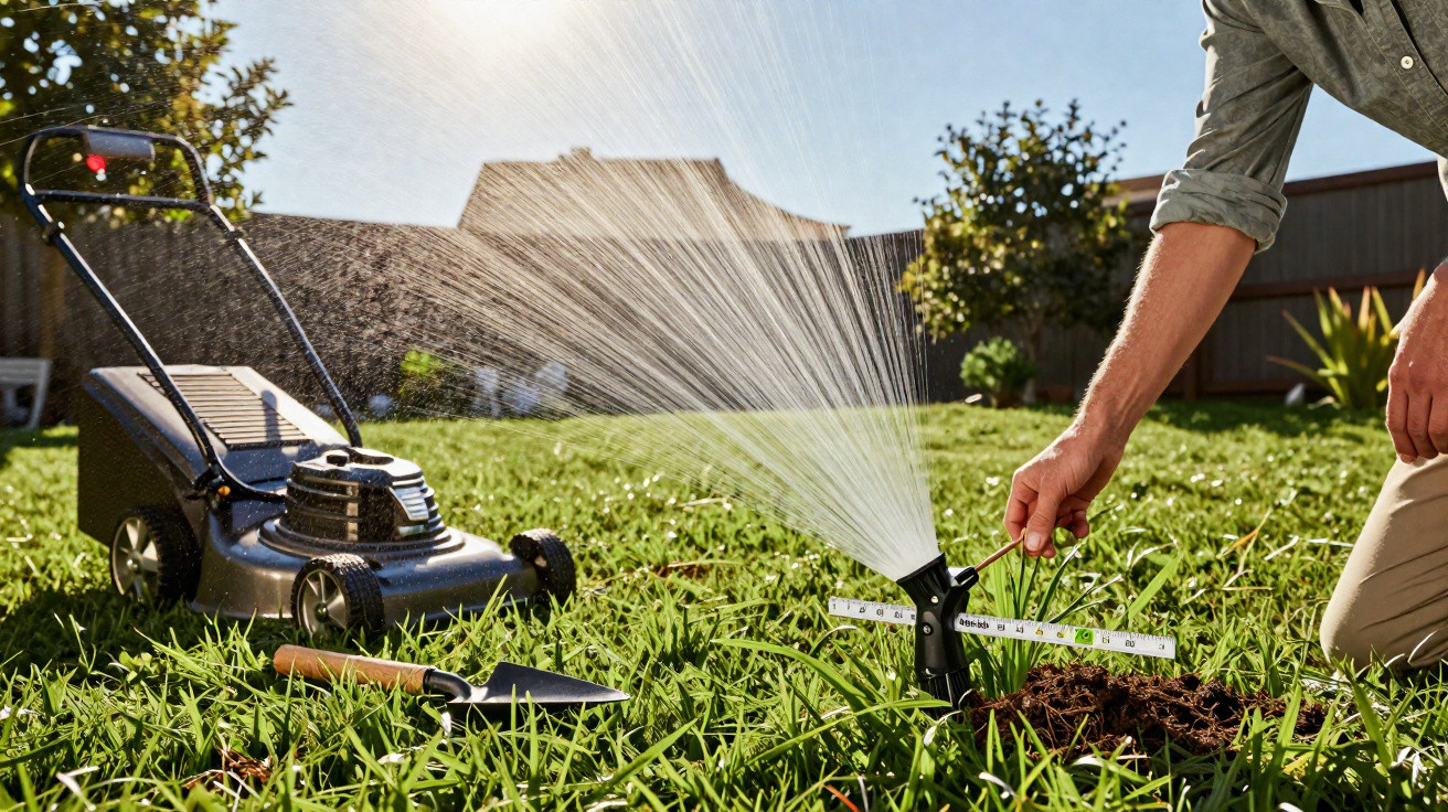 Person adjusting a lawn sprinkler watering grass near a lawn mower and garden trowel in a sunny backyard.