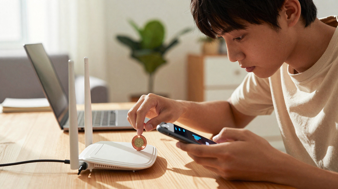 Young man inserting a coin into a Wi-Fi router while holding a smartphone at a wooden table.