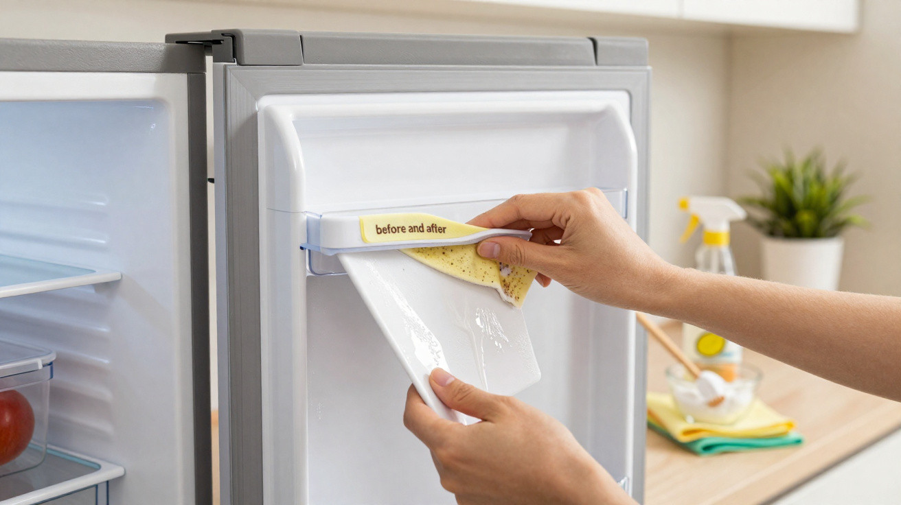 Hands cleaning the inside of a fridge door with a sponge and a white magnetic scraper labelled before and after.