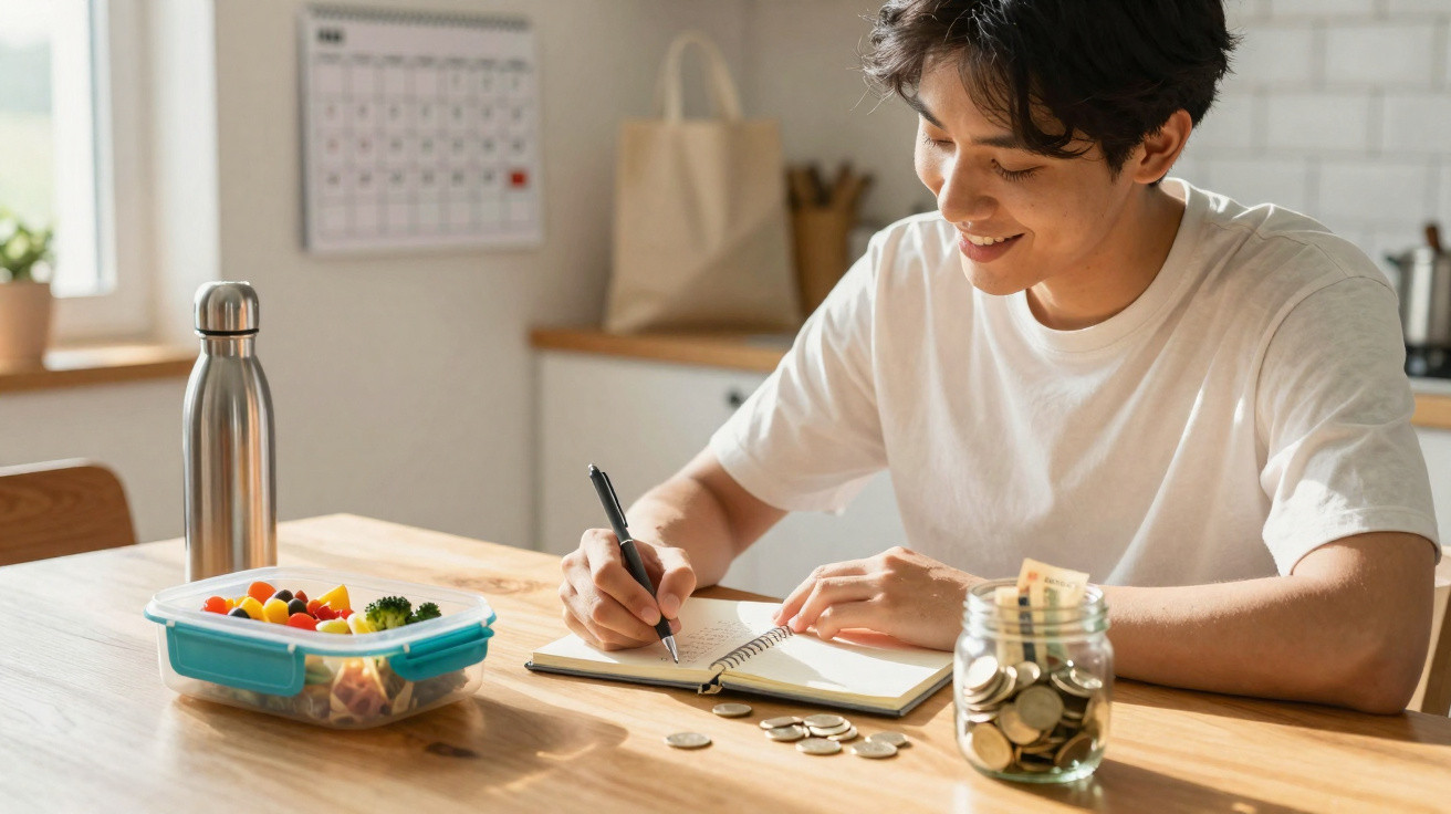 Young man counting coins and writing in a notebook at a table with lunch and a water bottle.