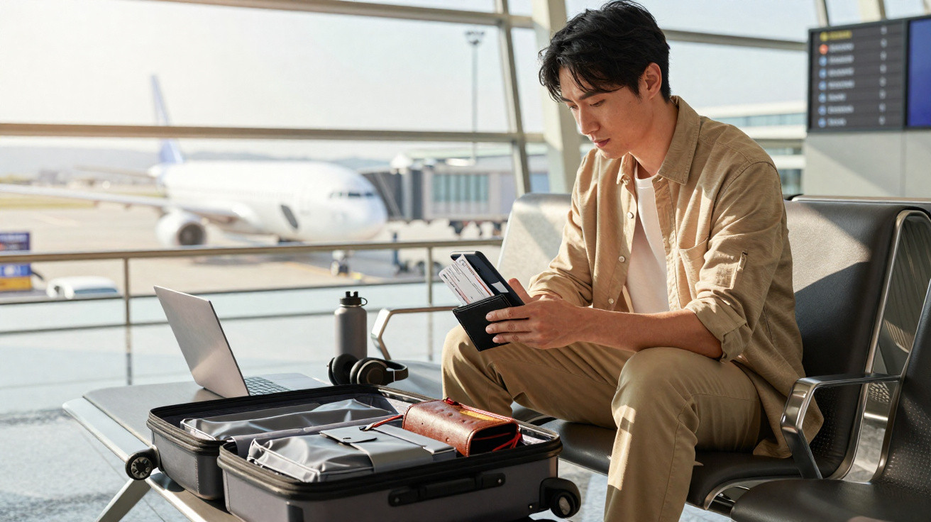 Man at airport terminal holding travel documents with an open suitcase and airplane in background.