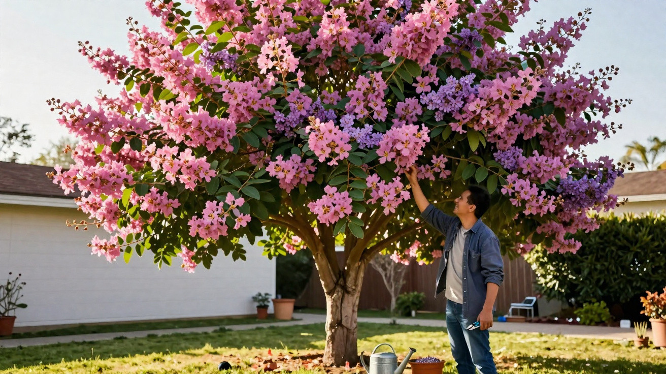 Man admiring and touching vibrant pink and purple flowers on a large tree in a sunny backyard garden.