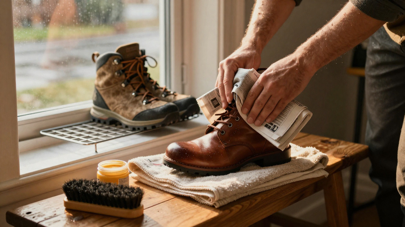 Person polishing a brown leather boot with newspaper on a wooden bench by a window.