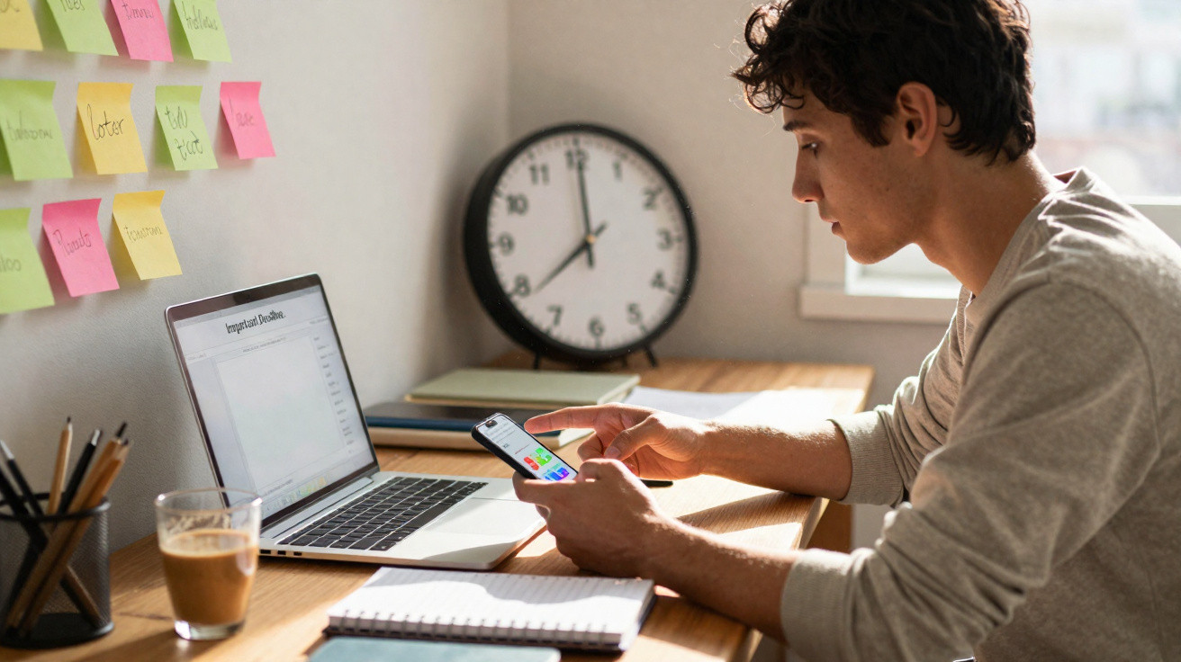 Young man using a smartphone at a desk with a laptop, sticky notes on the wall, and a clock in the background.