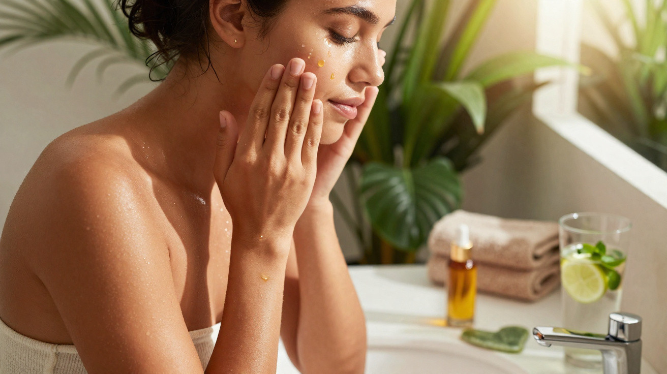 Woman applying facial cream with eyes closed in a bright bathroom beside a sink and towels.