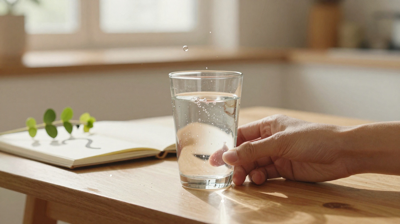Hand holding a glass of water on a wooden table next to an open book with a small plant branch.