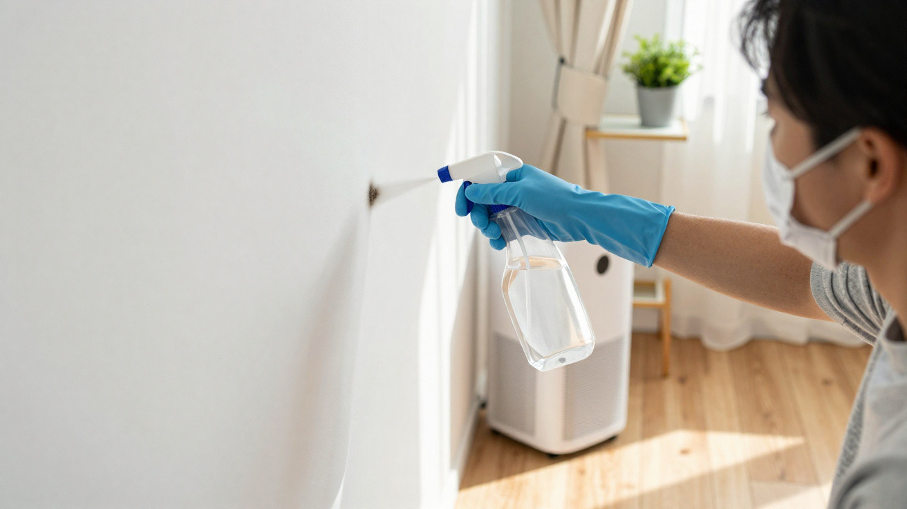 Person wearing gloves and mask sprays a cleaning solution on a wall in a bright room.