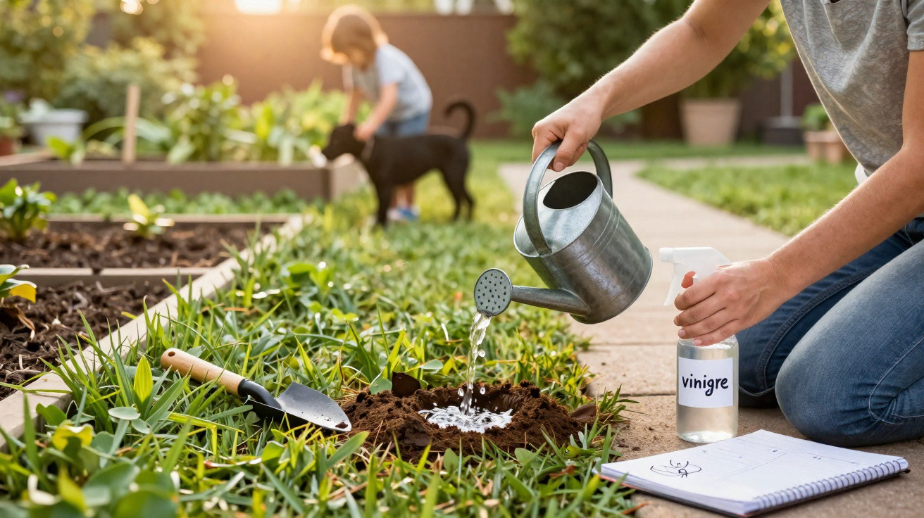 Person watering a plant hole with a watering can and vinegar spray in a sunny garden.