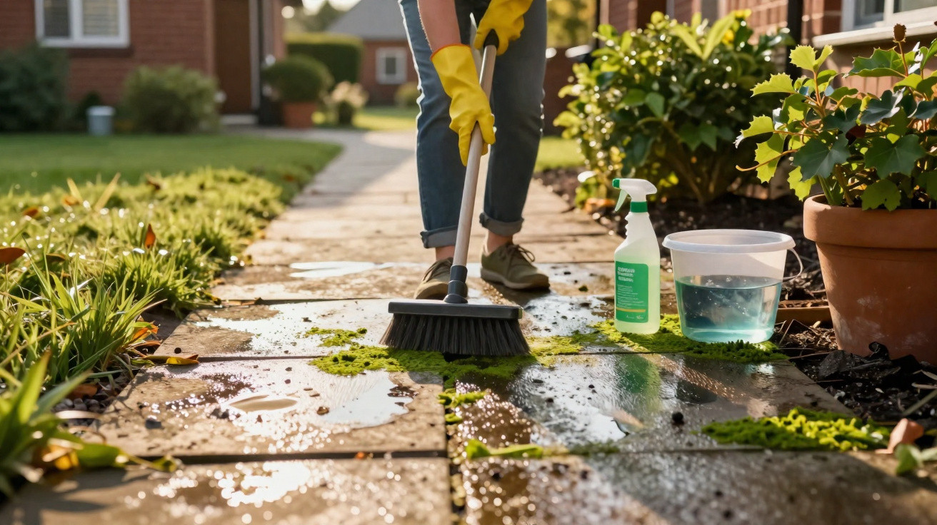 Person wearing yellow gloves sweeping moss from stone garden pathway with cleaning spray and water nearby