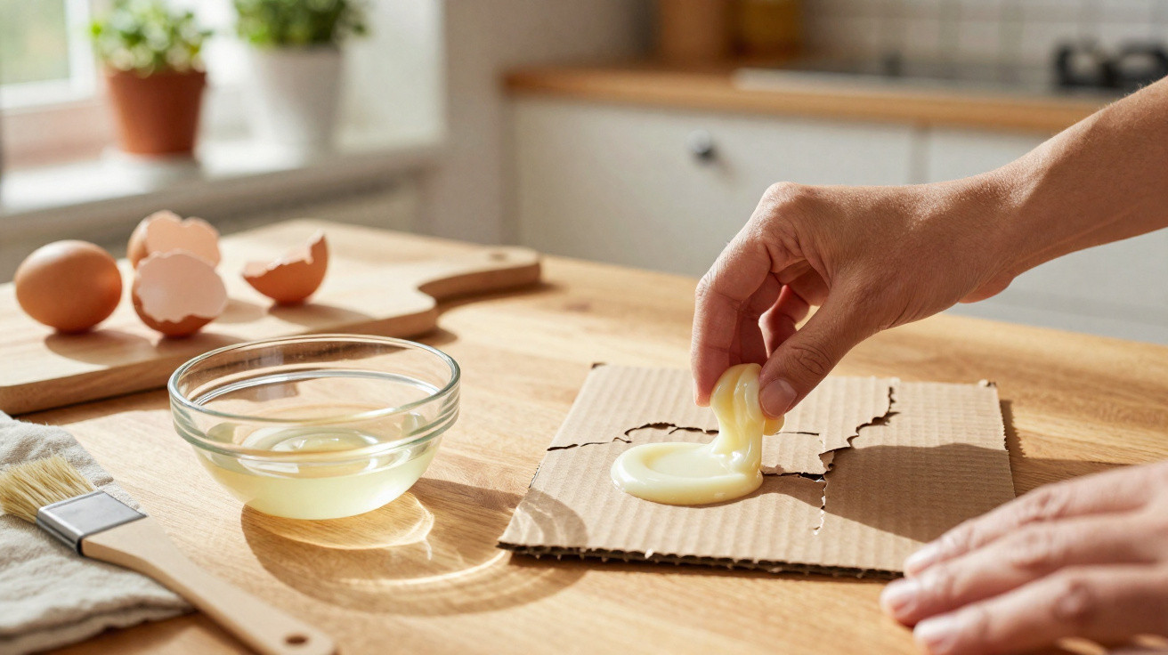 Hands testing adhesion of dried egg white on torn cardboard with eggs and brush on kitchen table.