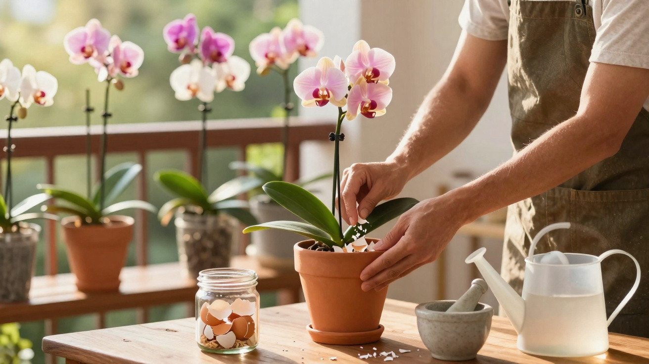 Person tending to potted orchids on a wooden table with gardening tools and eggshells on balcony.