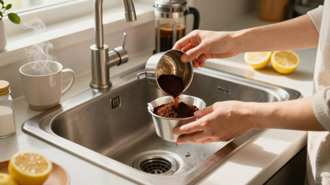 Person rinsing used coffee grounds over kitchen sink with steaming mug and lemons nearby in bright kitchen.